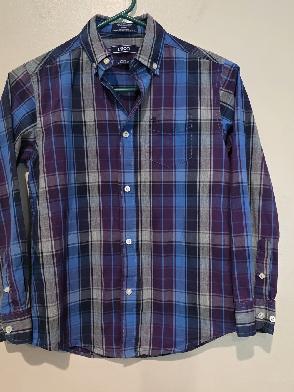 IZOD Boys M Plaid Button-Up Shirt Pockets Stretch Cotton Blue Purple Gray Preppy